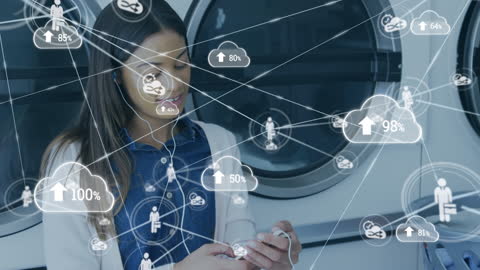 Digital Network with Cloud Computing Concepts Over Woman at Laundromat