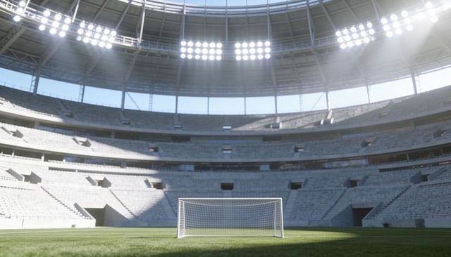 Single white soccer goal on sunlit turf in empty modern stadium under floodlights