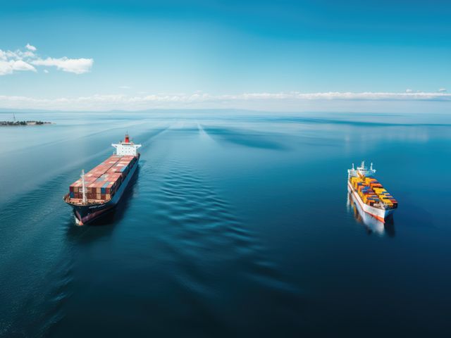 This image can be used for depicting the maritime shipping industry and logistics. The serene blue ocean and the cargo ships gliding can be utilized for articles on international trade, logistics, and the global supply chain. It is also suitable for highlighting the importance of marine transportation in the commercial sector.