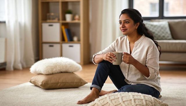 Indian woman enjoying morning coffee on rug in cozy minimalist living room with serene neutral decor
