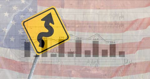Financial Data Analysis Overlaid on USA Flag and Road Sign - Download Free Stock Images Pikwizard.com