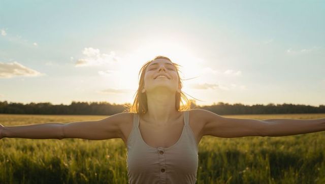 Woman Embracing Sunshine in Golden Meadow at Sunset Arms Outstretched Joyful Freedom