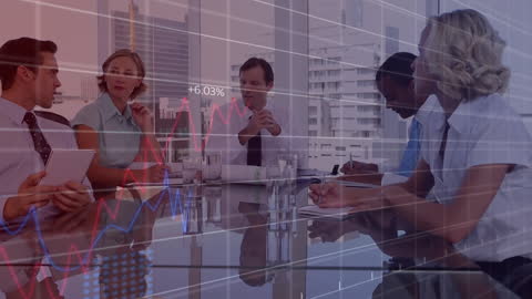 Diverse Team Discussing in Office With Data Analytics Overlay