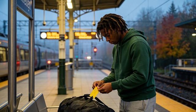 Young commuter checking luggage tag at dusk train platform, urban travel and transit