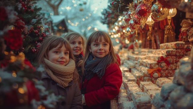 Children Enjoying Christmas Market with Festive Lights and Decor