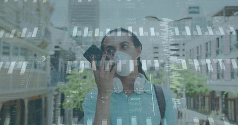 Masked Man Observing Data Projections Outdoors