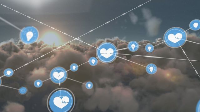 Visual depiction of interconnected digital healthcare icons floating against a backdrop of clouds and sunshine, symbolizing the integration of healthcare technology and cloud networks. Useful for presentations and articles on innovative healthcare solutions, networks, and cloud computing advancements.