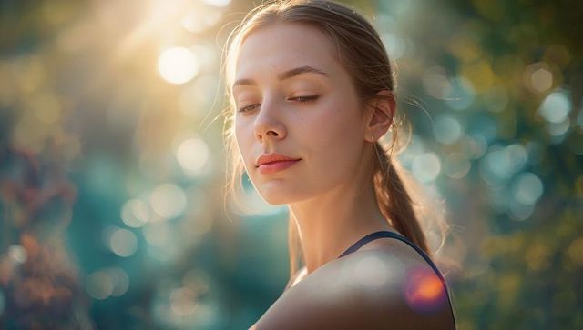Peaceful Woman in Golden Hour with Eyes Closed Outdoors