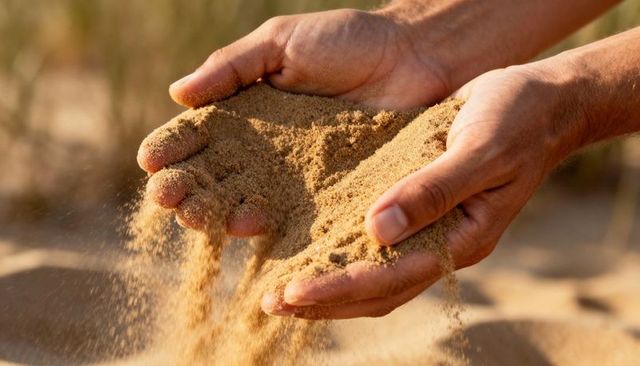 Hands pouring golden sand through fingers on sunlit dune, close-up beach texture and motion