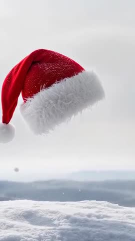 Hovering Rotating Santa Hat Drifting Over Snowy Landscape Vertical Holiday Video