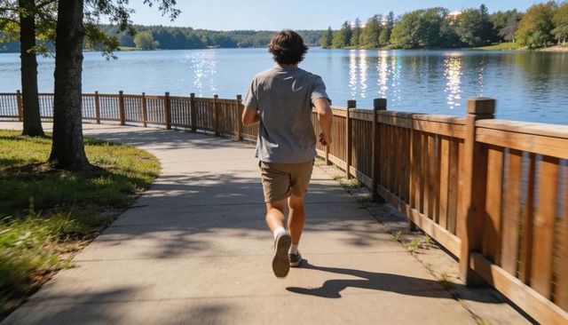 Man running along lakeside trail with wooden railing and sparkling water reflections