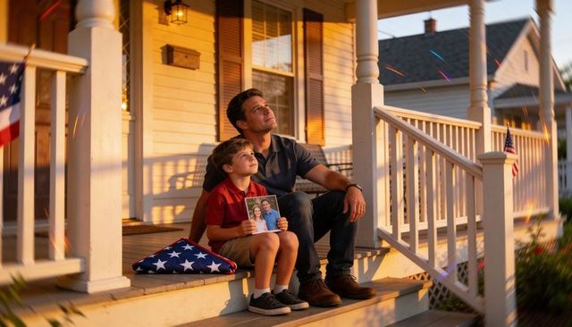 Father and son watching sparklers on porch at golden hour holding framed portrait, folded us flag