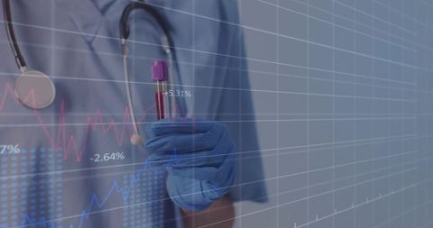 Medical professional analyzing blood sample with data interface