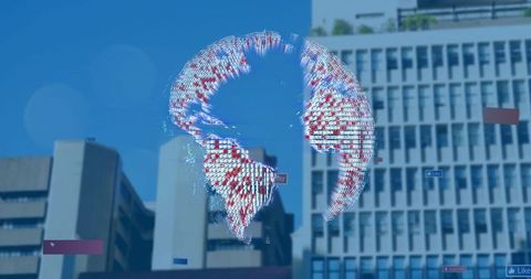 3d pixel globe with ui tags over urban business district