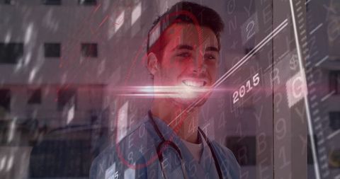 Smiling Male Doctor with Red Data Overlay Representing Futuristic Healthcare