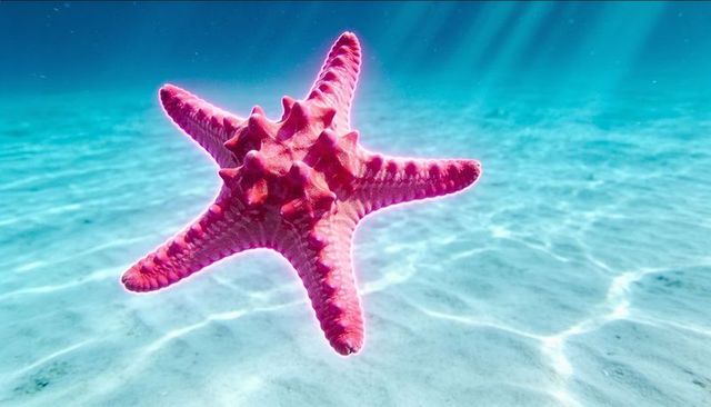 Vivid pink starfish floating over rippled sand, sunbeam caustics and turquoise shallows