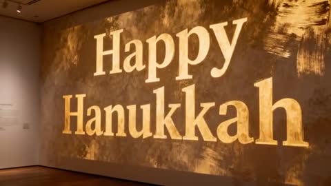 Camera Panning Over Golden Happy Hanukkah Projection on Textured Gallery Wall