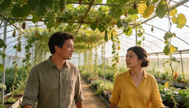 Two growers wearing olive and mustard shirts walking, checking raised beds in greenhouse