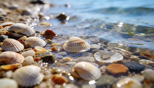Sunlit ridged seashells resting on pebbled shore with gentle rippling shallow water