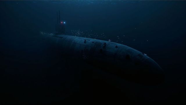 Silent submarine navigating abyssal depths with red blue navigation lights and hull silhouette