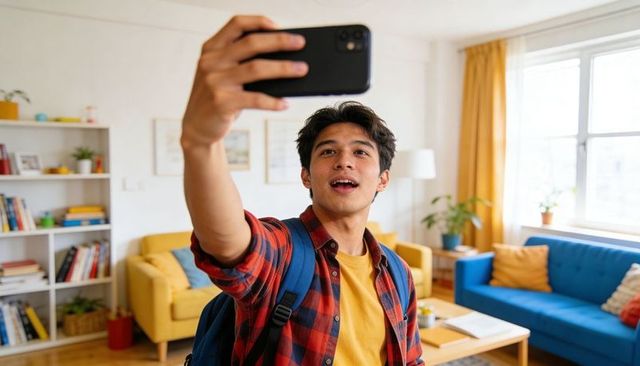 Young student taking selfie at home with backpack, plaid shirt and yellow tee