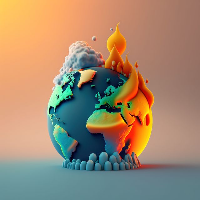Vibrant abstract illustration of planet Earth with sections engulfed in flames and clouds representing climate change. Ideal for use in environmental campaigns, educational materials, and climate change awareness initiatives.