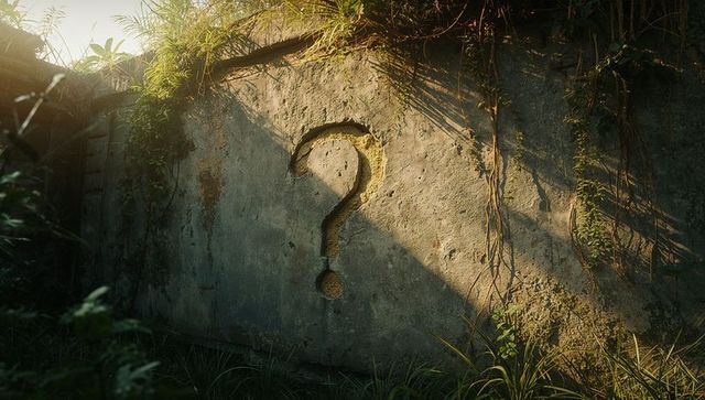 Question Mark Carving on Urban Decay Wall with Nature Reclaiming