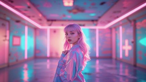 Futuristic woman in neon corridor with holographic jacket and floating petals