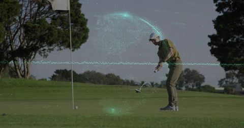 Golfer Putting with Digital Data Overlay Displaying Swing Analytics on Green
