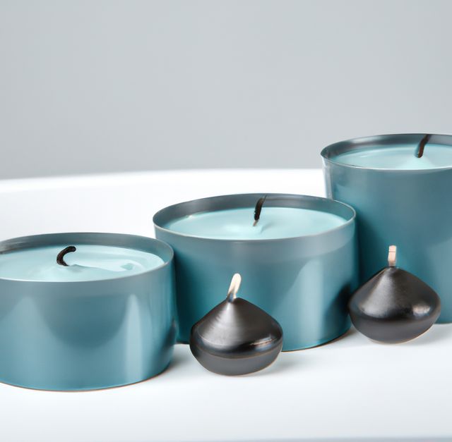 Blue scented candles with decorative elements set in a calming environment. Ideal for promoting relaxation, home decor accents, or creating a peaceful atmosphere in spas or meditation spaces.