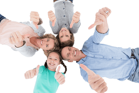 Transparent excited family thumbs up top view