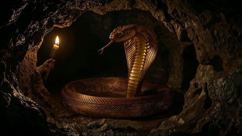 Cave exploration with coiled cobra illuminated by torch