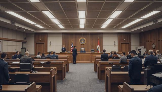 Judge presiding over court hearing in modern courtroom with lawyers and bailiff
