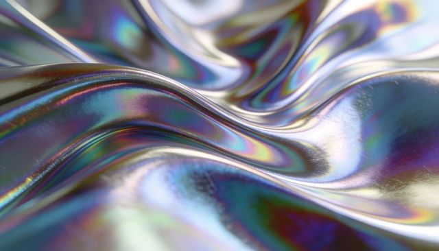 Iridescent metallic waves shimmering with holographic satin finish and reflective rainbow folds