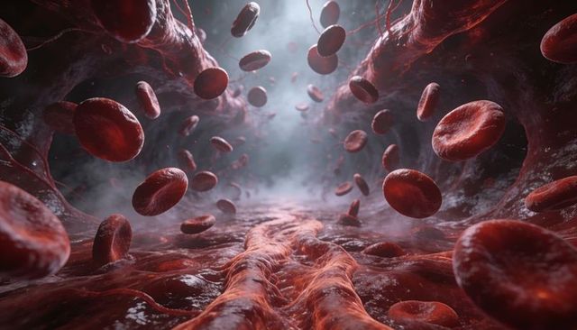Dynamic close-up of flowing red blood cells inside ridged vascular lumen with fibrils