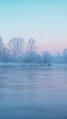 Vertical dawn video of pastel sky shifting over frozen lake reflecting frosted trees and mist