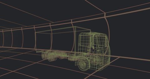 Futuristic wireframe truck simulation in digital tunnel