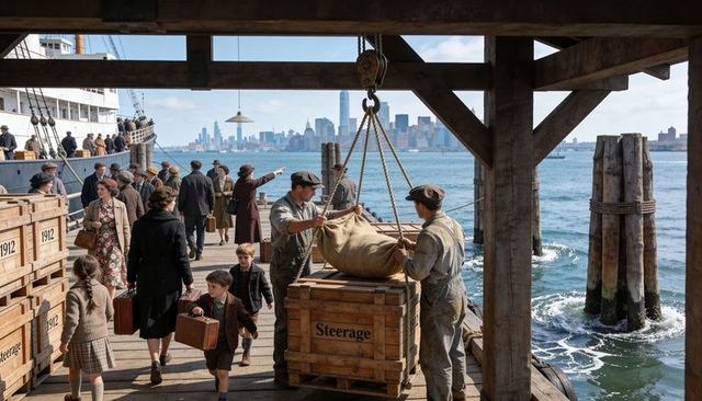1900s pier scene loading steerage crates workers guiding cargo as families board ship