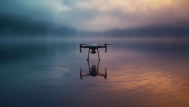Drone Hovering Above Misty Lake at Dawn with Pastel Reflections