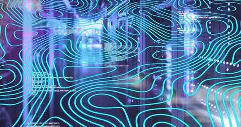 Futuristic Digital Visualization with Cyan Contour Layers Over Server Racks - Download Free Stock Images Pikwizard.com