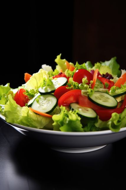 Close up of plate of fresh salad with cucumber and tomatoes, created using generative ai technology. Fresh food and healthy eating concept digitally generated image.