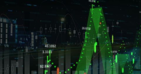 Financial data overlay on cityscape technology concept