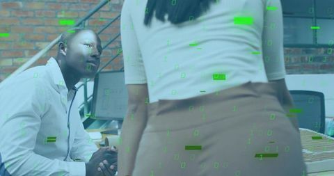 Woman joining meeting in modern loft office with green digital data overlay