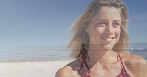 Joyful Woman Enjoying Beach Vacation by Ocean Waves