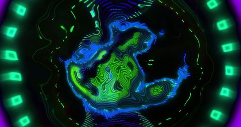 Neon kaleidoscopic texture with blue and green flow