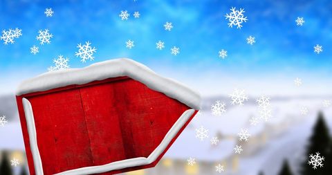 Snowy Wooden Sign with Winter Landscape Background