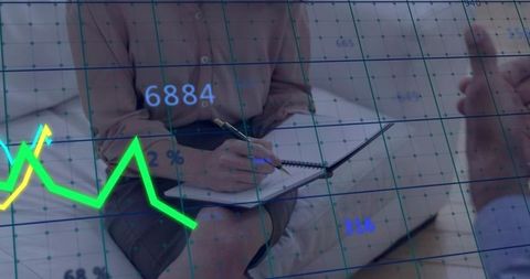 Counselor taking notes on spiral notebook during therapy consultation with data overlay