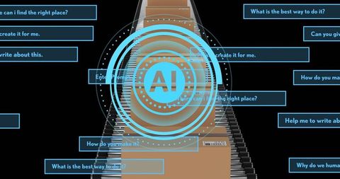 Ai overlaying neon circular interface on warehouse conveyor belt with barcode packages