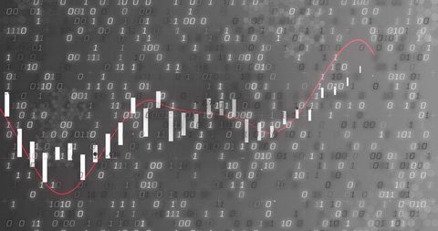 Binary Market Data Visualization with Candlestick Bars and Red Trend Line in Grayscale