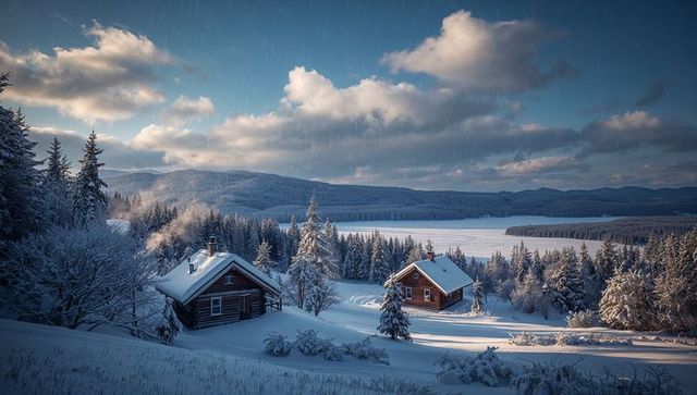 Snow-covered log cabins sitting in tranquil winter valley, smoke curling over frozen lake